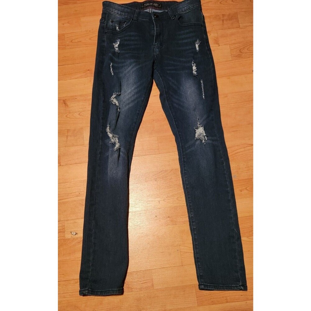 American Breed MENS SIZE 30 Slim Fit Distressed Stretch Jean Dark Blue